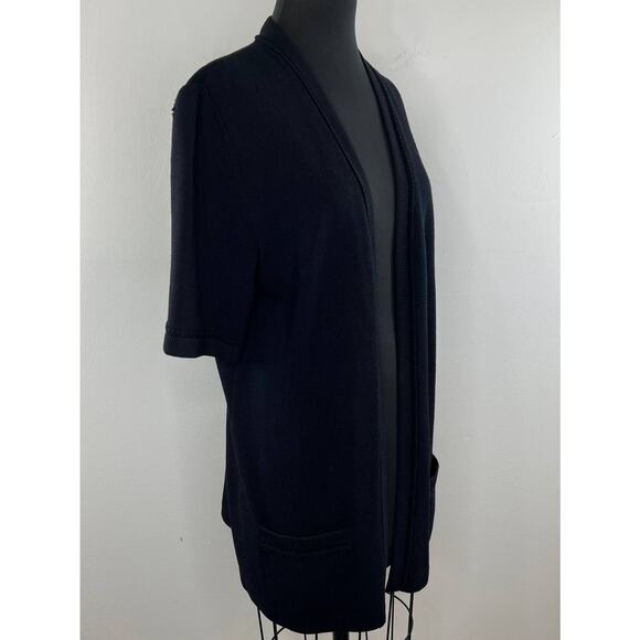 St John Basics Black Santana Wool Knit Open Front Duster Cardigan Large L FLAW - Picture 4 of 12